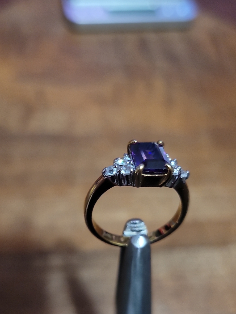 14k Gold Electroplated. Purple Amethyst, Diamond Accent. Size 7.0
